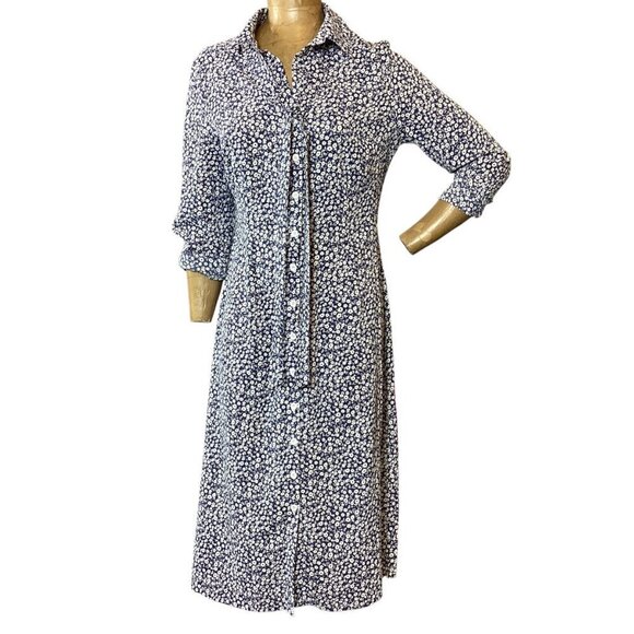RIHOAS Long Sleeve Button Front Shirt Dress Sz M Blue & White Ditzy Floral #47Q - Picture 3 of 9